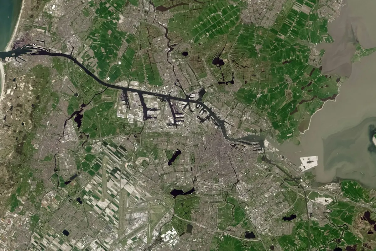 Satellite view of Amsterdam and its canal network