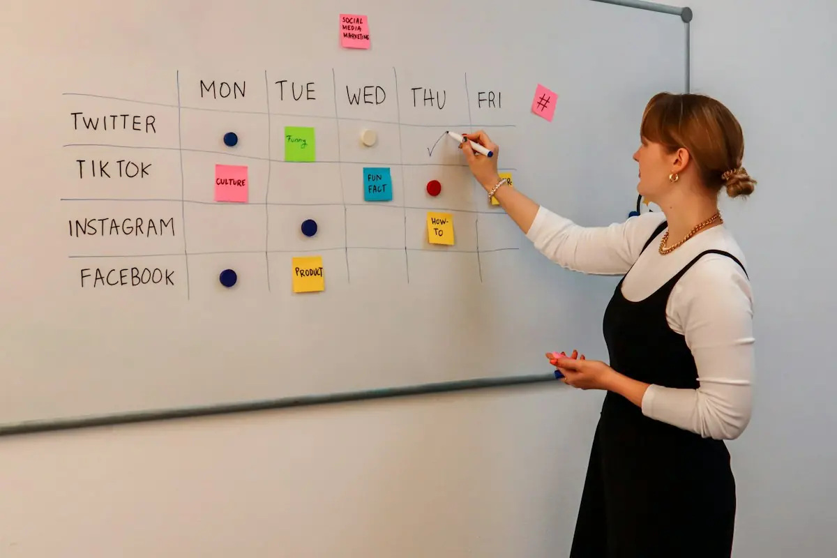 Woman planning social content using sticky notes on a whiteboard