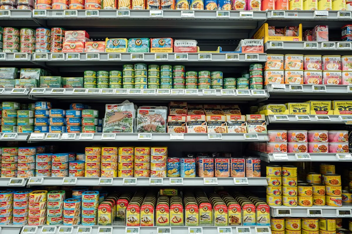 Grocery store interior with stocked shelves